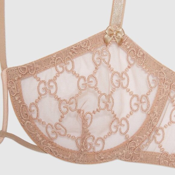 NWT GUCCI LINGERIE SET PINK GG TULLE LACE BOWS NECK AROUND HALTER BRA SET - Picture 3 of 10